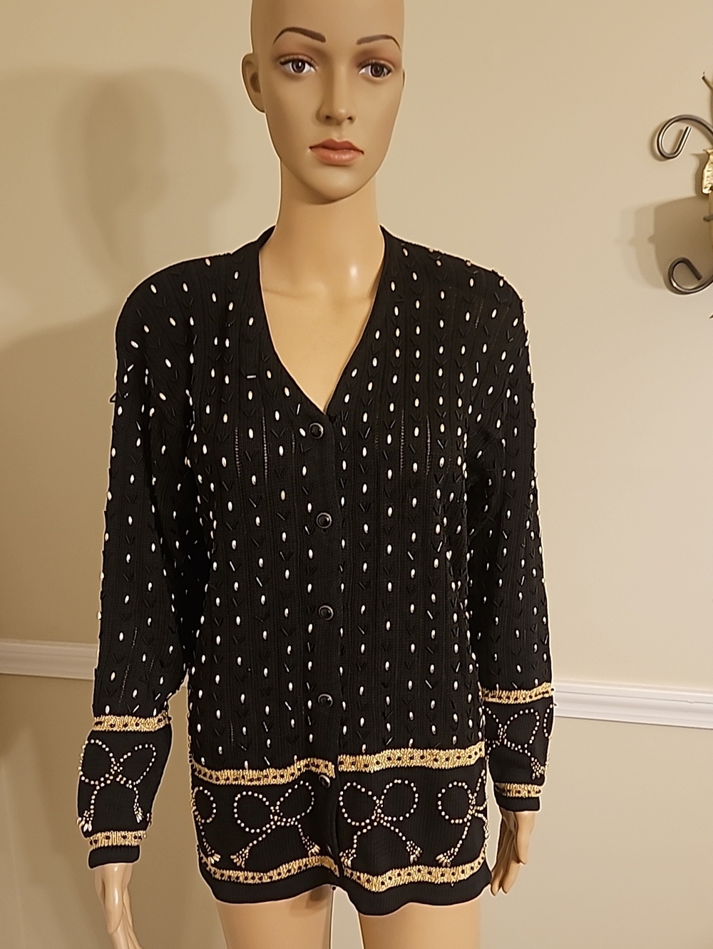 Eagle's Eye Black Knit Button-Front Top with Gold Trim
